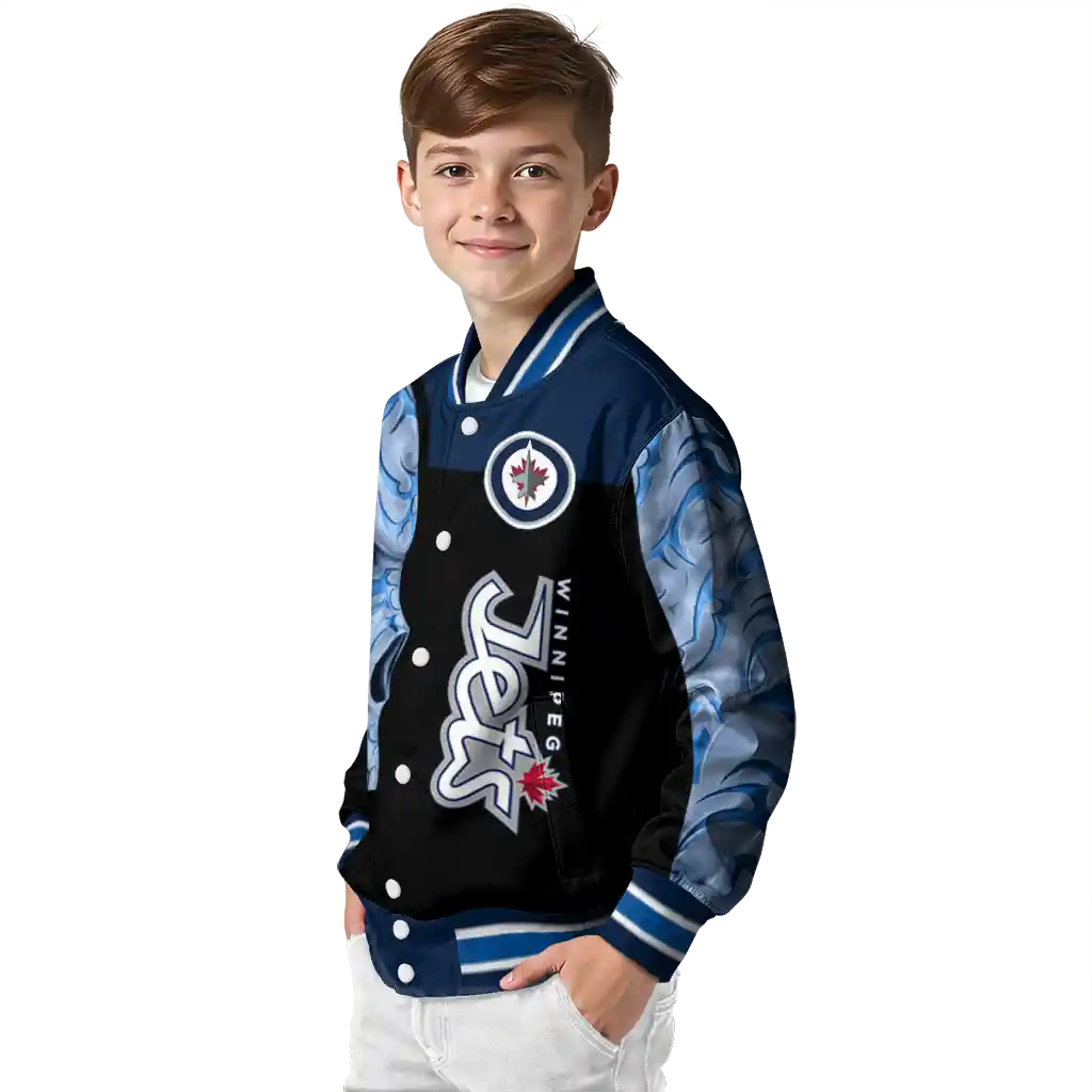 winnipeg jets fire skull blue black varsity jacket trendy winnipeg jets fire skull blue black varsity jacket trendy