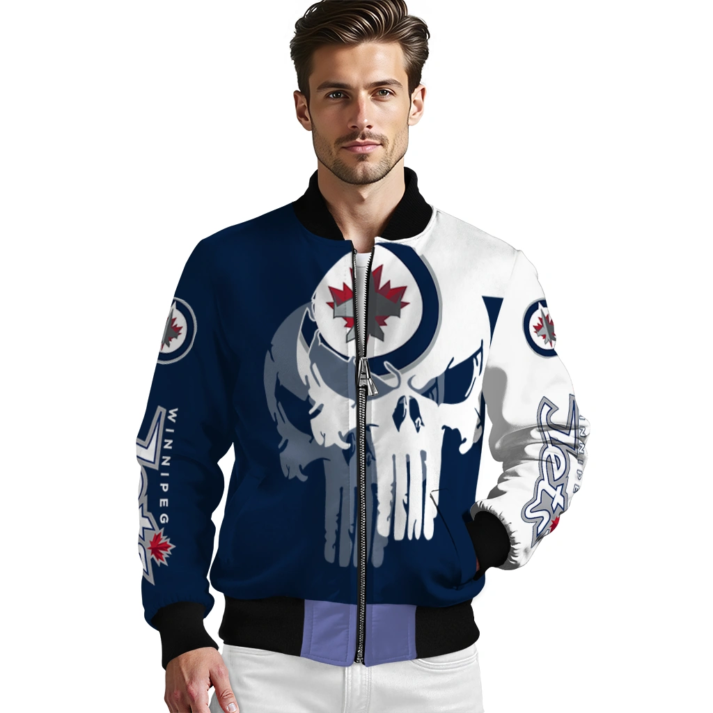 winnipeg jets skull outline blue white bomber jacket high quality winnipeg jets skull outline blue white bomber jacket high quality