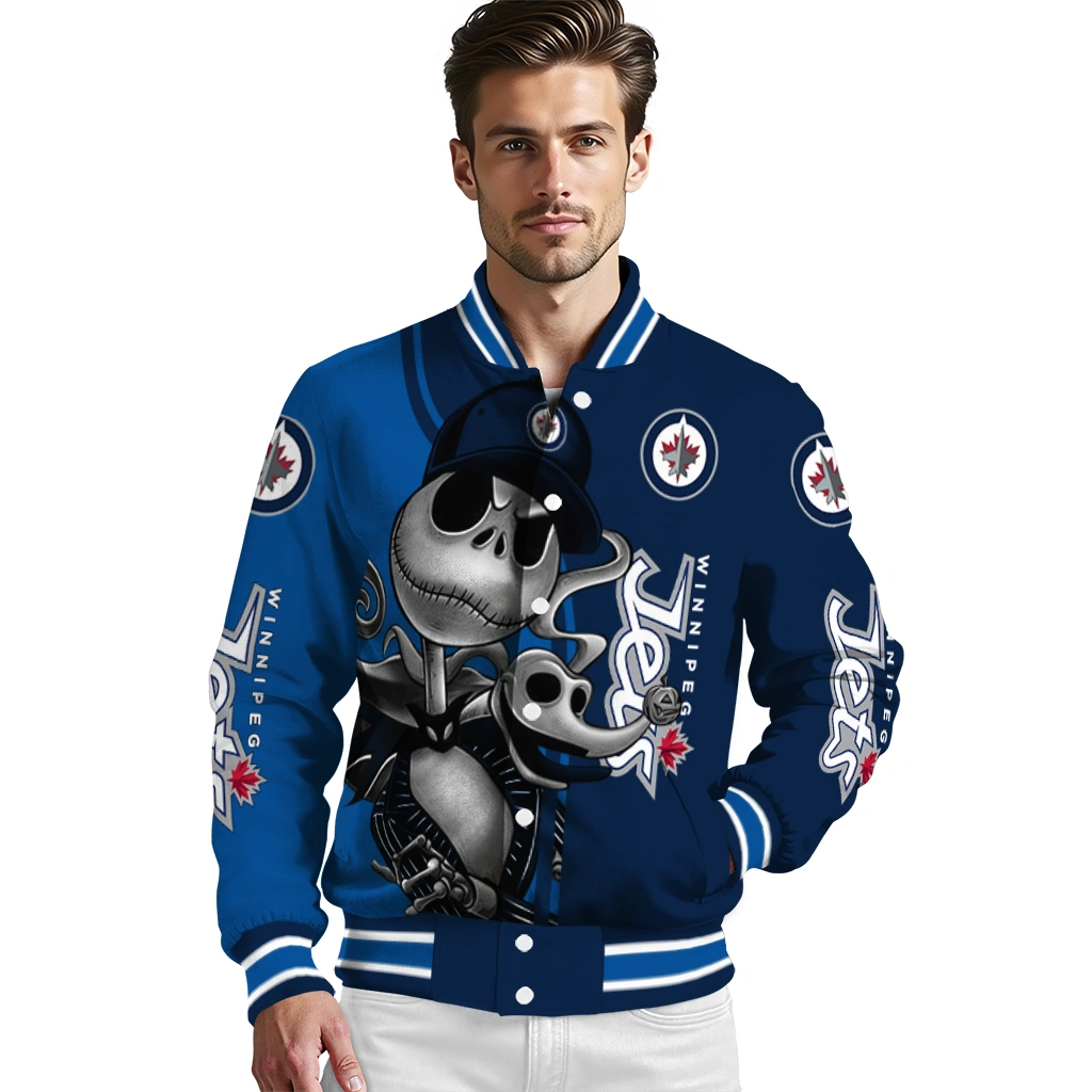winnipeg jets spooky grin blue varsity jacket high quality winnipeg jets spooky grin blue varsity jacket high quality