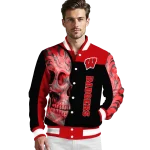 wisconsin badgers fire skull red black varsity jacket best selling