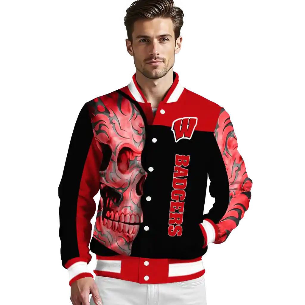 wisconsin badgers fire skull red black varsity jacket high quality wisconsin badgers fire skull red black varsity jacket high quality