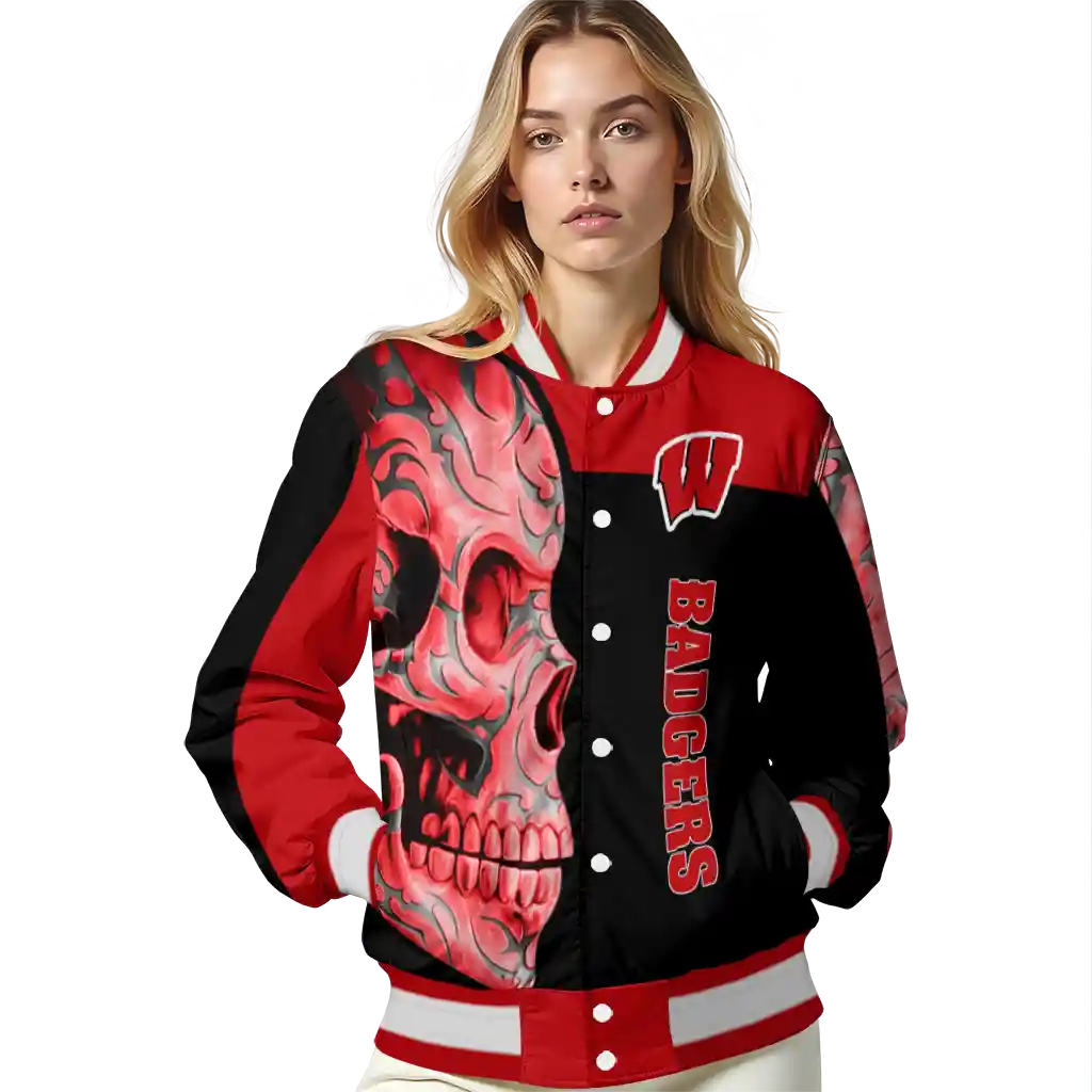 wisconsin badgers fire skull red black varsity jacket latest model wisconsin badgers fire skull red black varsity jacket latest model