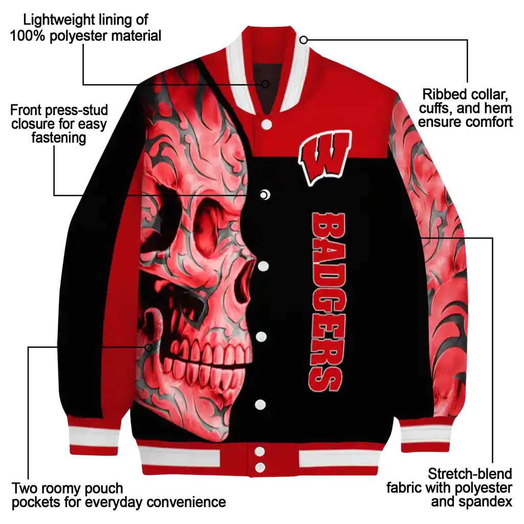 wisconsin badgers fire skull red black varsity jacket new arrival wisconsin badgers fire skull red black varsity jacket new arrival