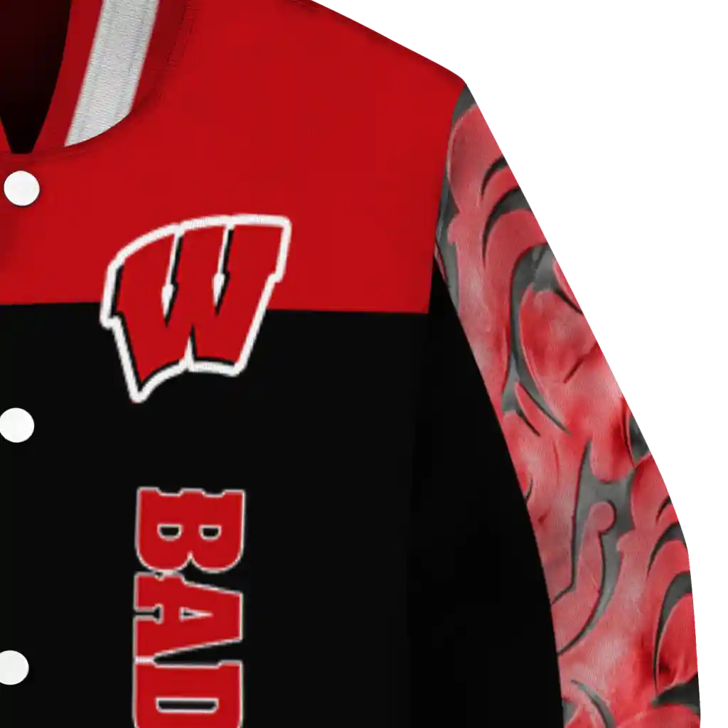 wisconsin badgers fire skull red black varsity jacket premium grade wisconsin badgers fire skull red black varsity jacket premium grade