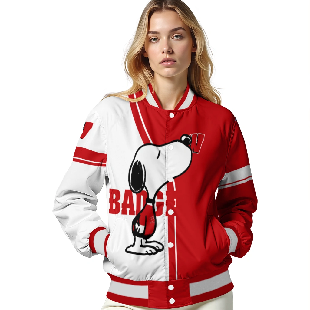 wisconsin badgers snoopy attitude red varsity jacket latest model wisconsin badgers snoopy attitude red varsity jacket latest model