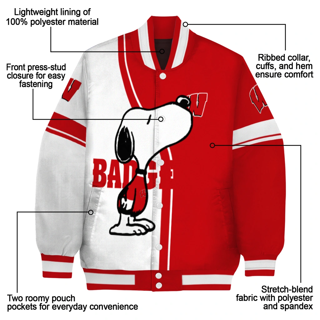 wisconsin badgers snoopy attitude red varsity jacket new arrival wisconsin badgers snoopy attitude red varsity jacket new arrival