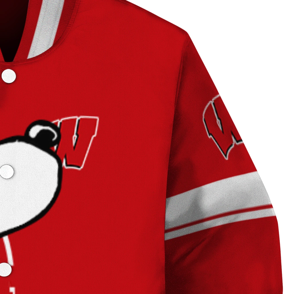 wisconsin badgers snoopy attitude red varsity jacket premium grade wisconsin badgers snoopy attitude red varsity jacket premium grade