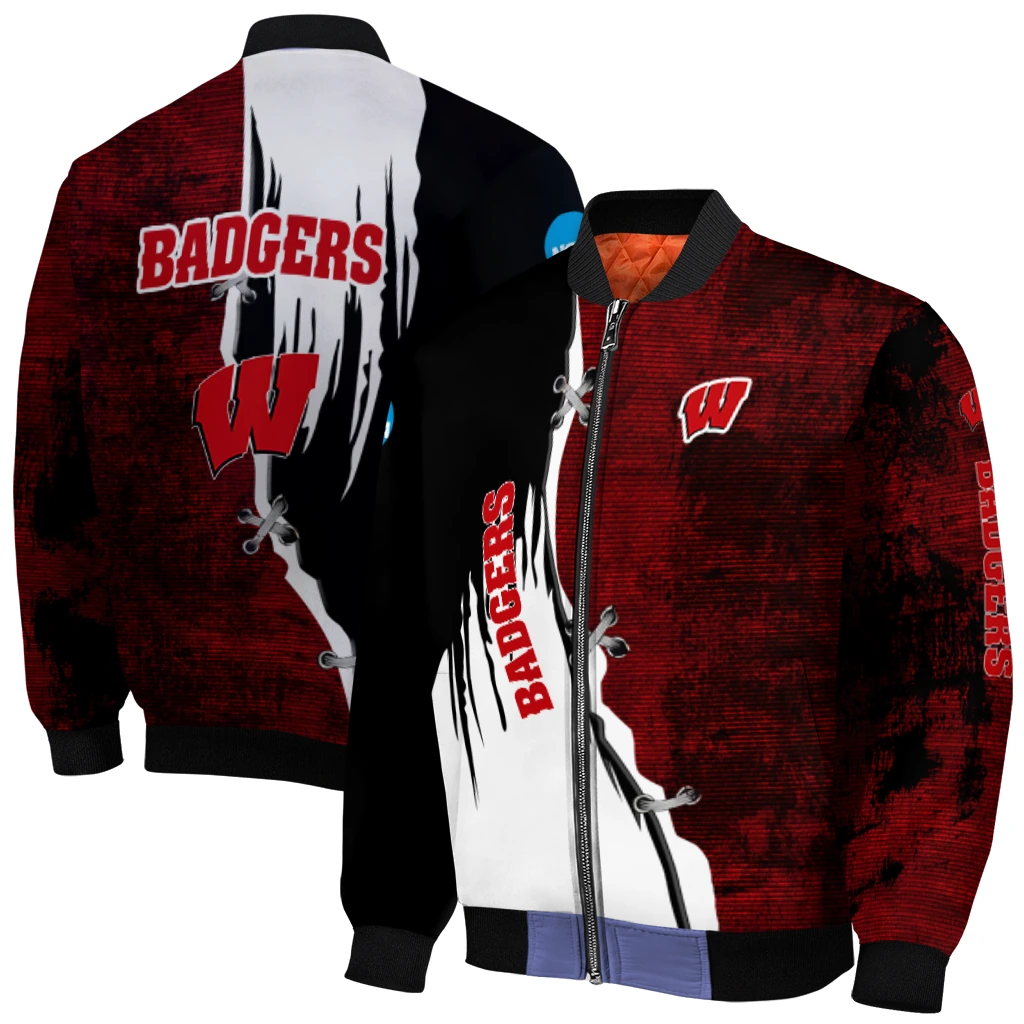 wisconsin badgers torn texture print red black bomber jacket best selling wisconsin badgers torn texture print red black bomber jacket best selling
