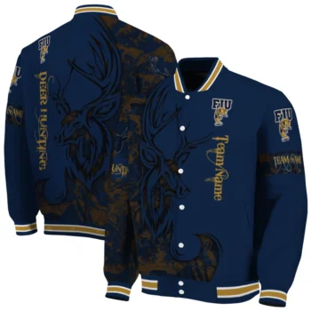 custom fiu panthers tribal deer art blue varsity jacket fashion forward.webp